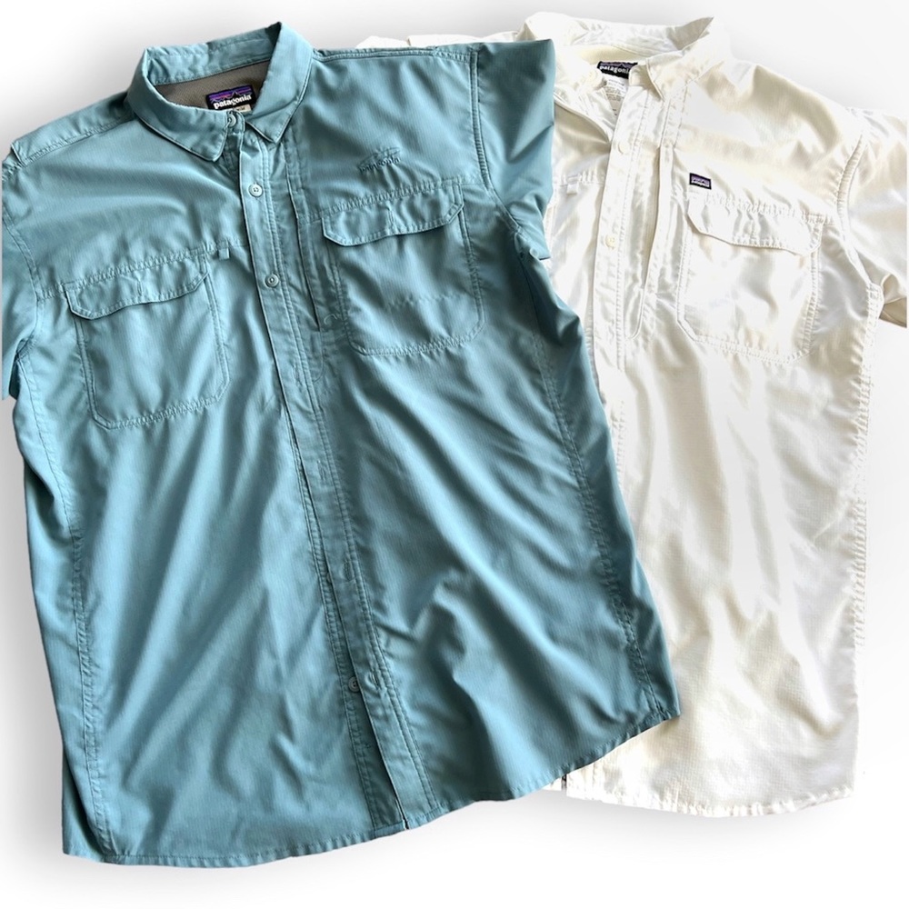 Lot of 2 PATAGONIA Mens Short Sleeve Button Shirt,Hiking Fishing Blue White Sz L